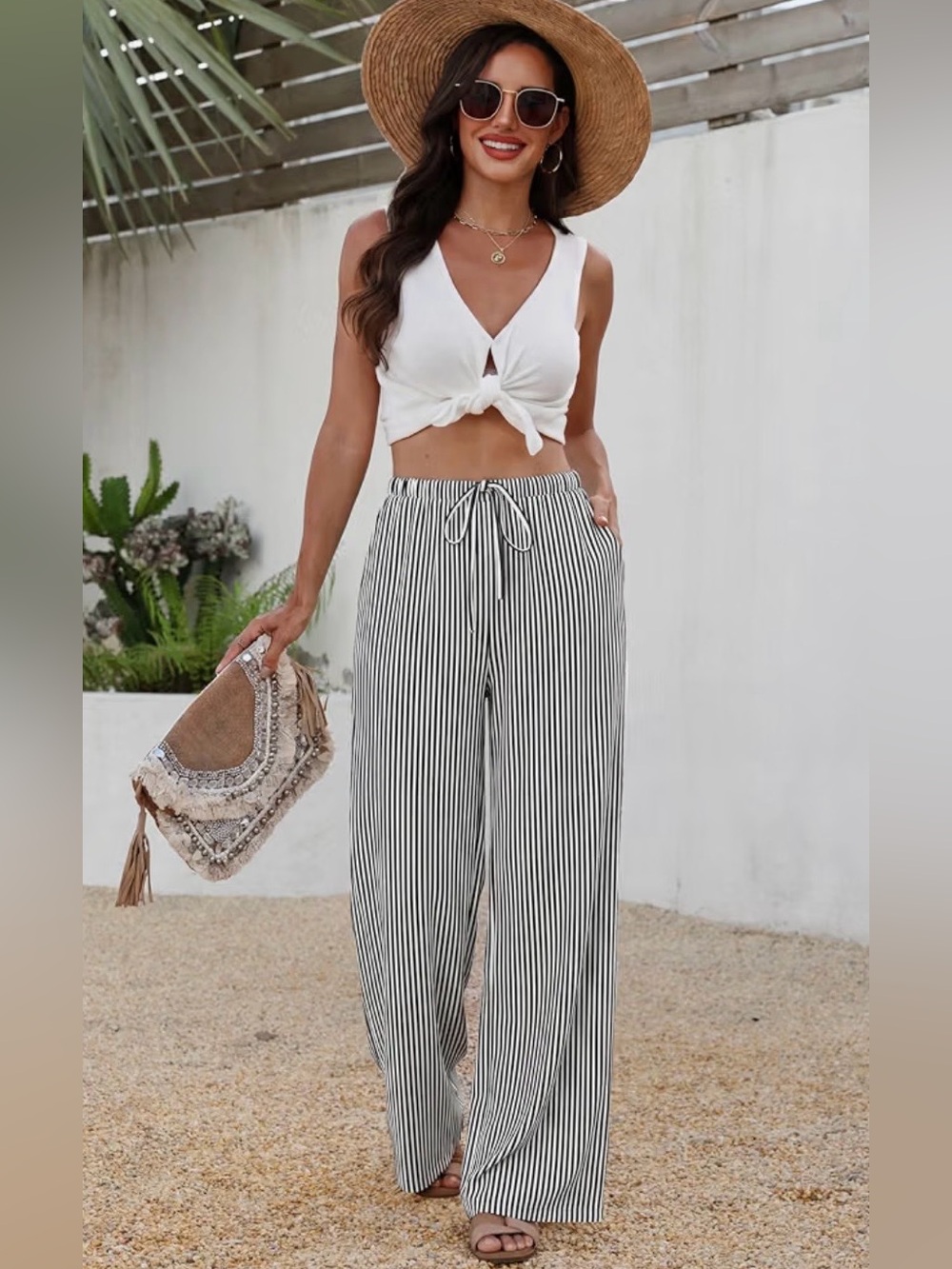 Sampeel Wide Leg Pants for Women Flowy Palazzo Drawstring Elastic Waist